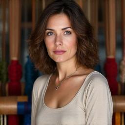 Ritratto artistico di Elena Vitale, Maestra Tessitrice, accanto a un telaio antico.